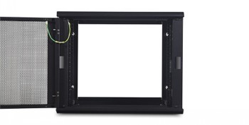 APC NetShelter WX 9U wall cabinet with open doors Black APC wall-mounted network cabinet with an open front door and visible mounting parts.