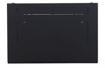 APC NetShelter WX 9U wall-mounted cabinet - sleek and durable design Front panel of a wall-mounted network cabinet enclosure made of black metal, rectangular in shape.