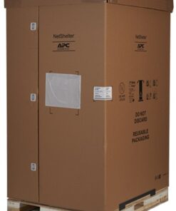 APC NetShelter SX 42U cabinet in its packaging Brown cardboard packaging on a pallet, containing an APC NetShelter SX 42U cabinet.