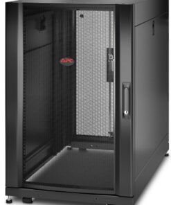 Black 18U high APC NetShelter SX rack cabinet with mesh door at the front and closed side panels.