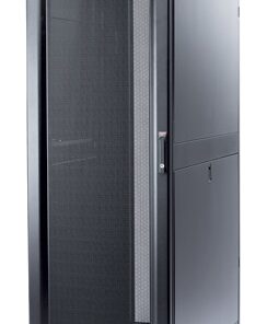 Black 42U network cabinet with metal mesh panels and wheels. Front view angled from the right.