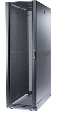 Black 42U network cabinet with metal mesh panels and wheels. Front view angled from the right.