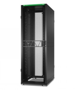 Large black 48U network cabinet with network shelves and side panels, on a white background.