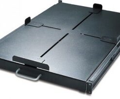 Black metal sliding shelf, designed for a 19-inch rack, with strong supports and a front handle.