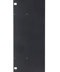 A black rectangular metal plate with screw holes and mounting slots.