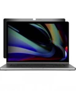 Targus Privacy Filter for MacBook Pro 14-inch, model 2021-2023 A black-edged magnetic privacy filter installed on a MacBook Pro laptop.