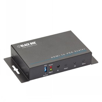 Black Box HDMI to VGA scaler and converter with front panel The front panel of a black rectangular HDMI to VGA adapter with indicator lights and buttons.