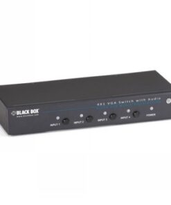 A black rectangular VGA switch with 4 inputs, audio connector, and power button.