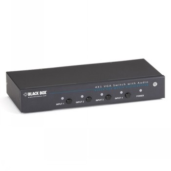 A black rectangular VGA switch with 4 inputs, audio connector, and power button.