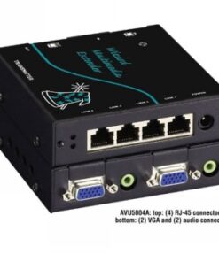 Black Black Box transmitter with 4 RJ-45 ports, two VGA and audio connectors, black metal casing.