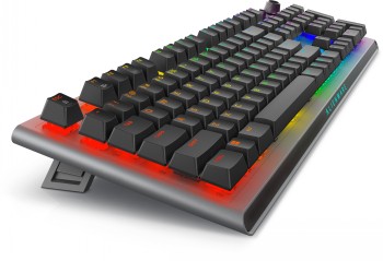 DELL Alienware AW920K wireless gaming keyboard with RGB lighting Black gaming keyboard with RGB lighting and ergonomic design, viewed from the side.