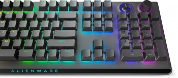 Dell Alienware AW920K Keyboard - Stylish RGB-lit gaming keyboard Alienware gaming keyboard in dark color, RGB lighting, macro keys, and a rotary switch in the top right corner.