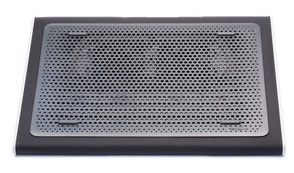 Gray laptop cooling pad, rectangular shape, metal mesh, and black edges.
