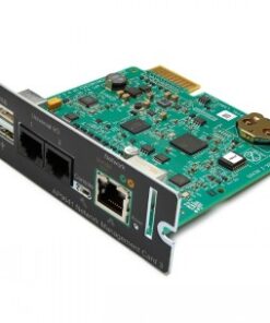 A network card with a green circuit board, connections, and an APC logo. Black interface plate.