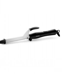 Gray and black Philips StyleCare Essential curling iron, ergonomic handle, thin curling part, positioned horizontally on a white sur...
