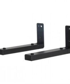 Two black metal center speaker stands with adjustable arms, wall mount.