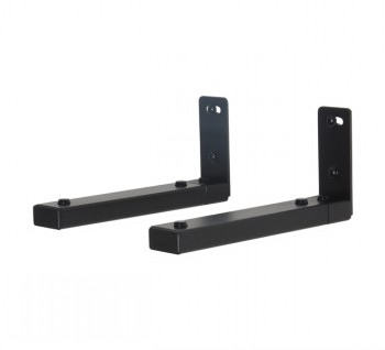 Two black metal center speaker stands with adjustable arms, wall mount.