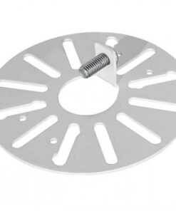 Round white mounting plate for a camera, featuring adjustment slots and a central mounting bolt.