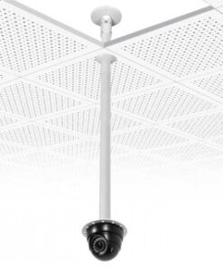 White ceiling-mounted flat screen bracket with a metal pole and a black VESA 100-compatible mount.