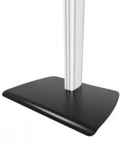 Free-standing floor base, black wide stand and silver-colored metal leg, side view.