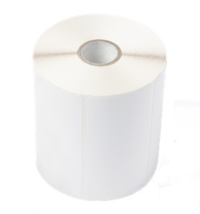 A large roll of white label sheets with a cardboard core in the center.