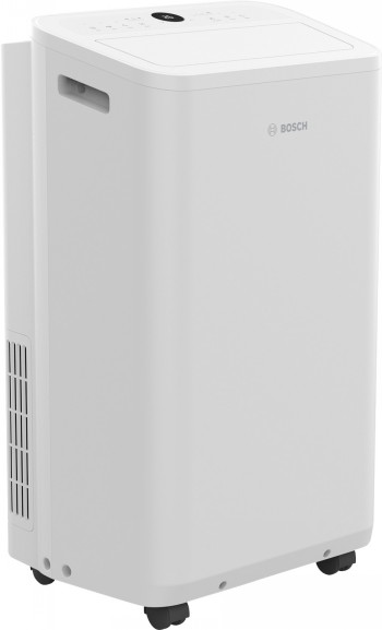 Bosch Cool 2000 portable cooler for home comfort A portable, white Bosch Cool 2000 cooler with wheels and a side air intake vent.
