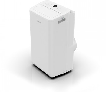 Bosch Cool 2000 portable air conditioner, modern and compact model White Bosch Cool 2000 portable air conditioner, upright and compact design, air duct visible.