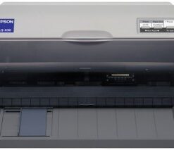 Gray Epson LQ-630 dot matrix printer viewed from the front, with paper feed and control panel visible.