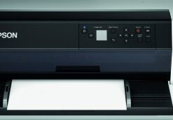 Epson DLQ-3500II dot matrix printer with white and black design, front view, paper loaded.