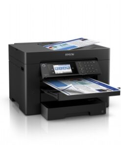 Epson WorkForce WF-7830DTWF multifunction printer, modern black design Black Epson WorkForce WF-7830DTWF multifunction printer with an LCD monitor and open paper trays, printed papers...