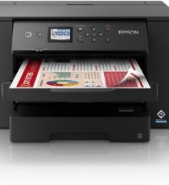 Epson WorkForce WF-7310DTW A3 color inkjet printer Black Epson WorkForce WF-7310DTW printer, open paper tray, color printout.