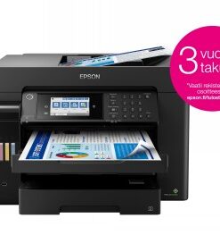 Epson EcoTank ET-16655 multifunction printer for efficient use Black-and-white Epson EcoTank ET-16655 multifunction printer, close-up view, with paper and ink tanks visible.