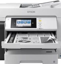 Epson EcoTank ET-16685 multifunction printer - innovative and efficient printing... Epson EcoTank ET-16685 black-and-white multifunction printer with a paper tray and touchscreen at the forefront.