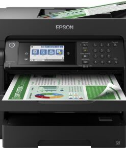 Epson EcoTank ET-16605 multifunction printer, ergonomic design and smart fea... Black Epson EcoTank ET-16605 multifunction printer, showing the front paper tray and digital interface.