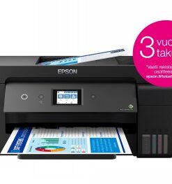 Epson EcoTank ET-15000 multifunction printer with a 3-year warranty Black-and-white Epson EcoTank ET-15000 multifunction printer showcasing a sleek and modern design along with vibrant color prints.