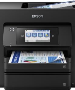 Epson Workforce Pro WF-4830 multifunction printer - efficient network printing Black Epson multifunction printer with a touchscreen and two paper trays, photographed from the front.
