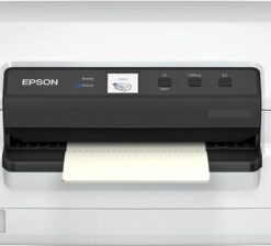 A light gray Epson PLQ-50 dot matrix printer photographed from the front, with paper loaded.