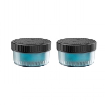 Philips QuickClean cleaning cartridges, 2-pack Two cylindrical cleaning cartridges with black lids, containing bluish liquid.