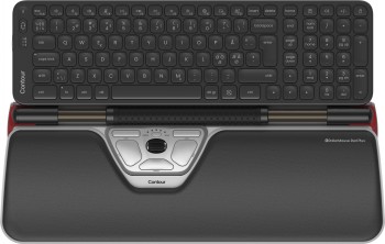 Contour Design wireless keyboard and roller mouse with ergonomic support. A black-and-white wireless keyboard and ergonomic roller mouse with a cushioned wrist rest, viewed from above.