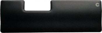 A black, rectangular wrist rest with a notch in the center and the brand logo in the top-right corner.