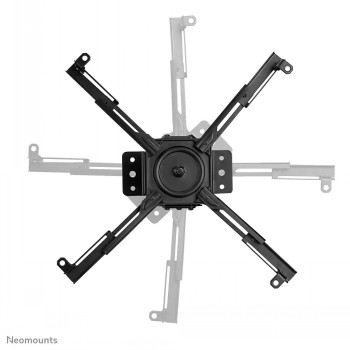 Neomounts By Newstar black projector ceiling mount viewed from above. Black projector ceiling mount with adjustable arms and central mount, viewed from above.