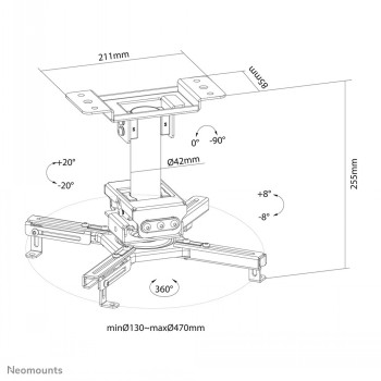NEOMOUNTS PROJECTOR CEILING MOUNT black, drawing with dimensions Technical drawing of a black Neomounts projector ceiling mount, dimensions and adjustments presented.