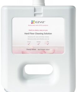 White EZVIZ cleaning liquid canister with a label on the front displaying product information and pink details.