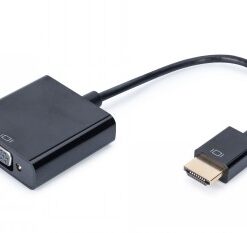 HDMI-VGA adapter, a black box-shaped adapter with a flat cable, on a tabletop.