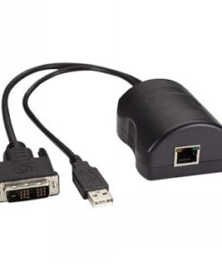 A black server interface module with DVI, USB, and Ethernet ports, connected with cables.