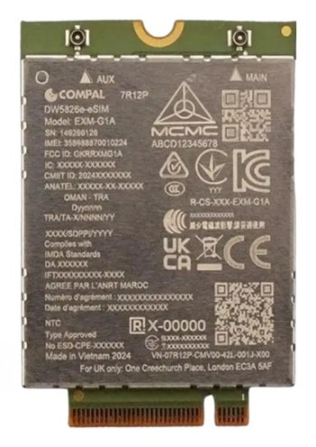 Dell DW5826E Mobile Broadband 4G network adapter. Compact circuit board, green color, metallic contact surfaces at the bottom.