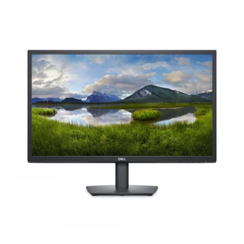 DELL monitor, 24 inches, slim bezels, black stand, screen displaying a landscape of a lake and mountains.