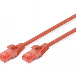 Red 1-meter CAT 6 network cable with transparent RJ45 connectors on both ends.