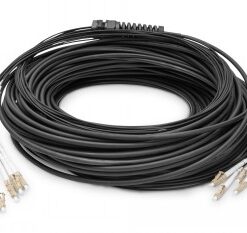 A black multifiber network cable with LC/UPC connectors on both ends. The cable is wound into multiple layers.