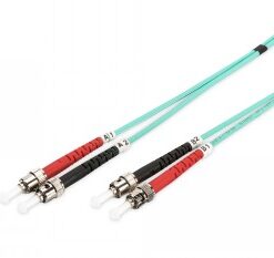 Mint green duplex fiber optic cable, ST connectors on both ends, length 5 meters.